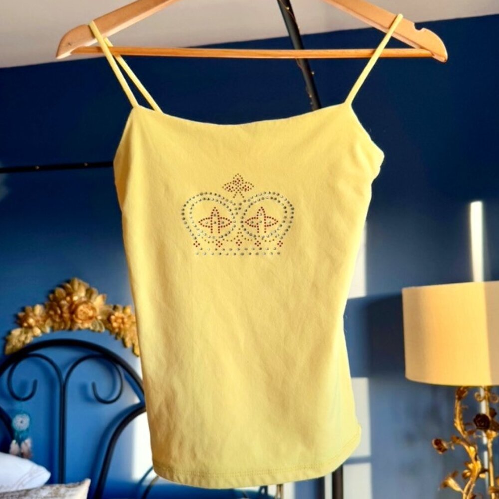 Y2K Vintage Light Yellow Strappy Tank Top With Rhinestone Crown